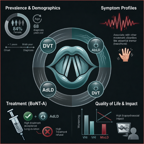 This infographic summarises a study on 75 patients highlighting a clear female predominance (84%) and a mean age at diagnosis of 68 years. It categorises laryngeal dystonia into 4 distinct phenotypes – adductor (AdLD), abductor (AbLD), mixed laryngeal dystonia (Mix- LD), and dystonic vocal tremor (DVT) – analysing diagnostic delays, disease progression, and the prevalence of associated tremors. Additionally, it evaluates the impact of botulin neurotoxin type A (BoNT-A)therapy, noting significant variations in treatment adherence and outcomes across different subtypes.