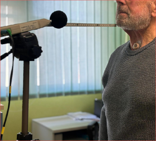 Tracheo-oesophageal speaker patient during voice recording for acoustic analysis.